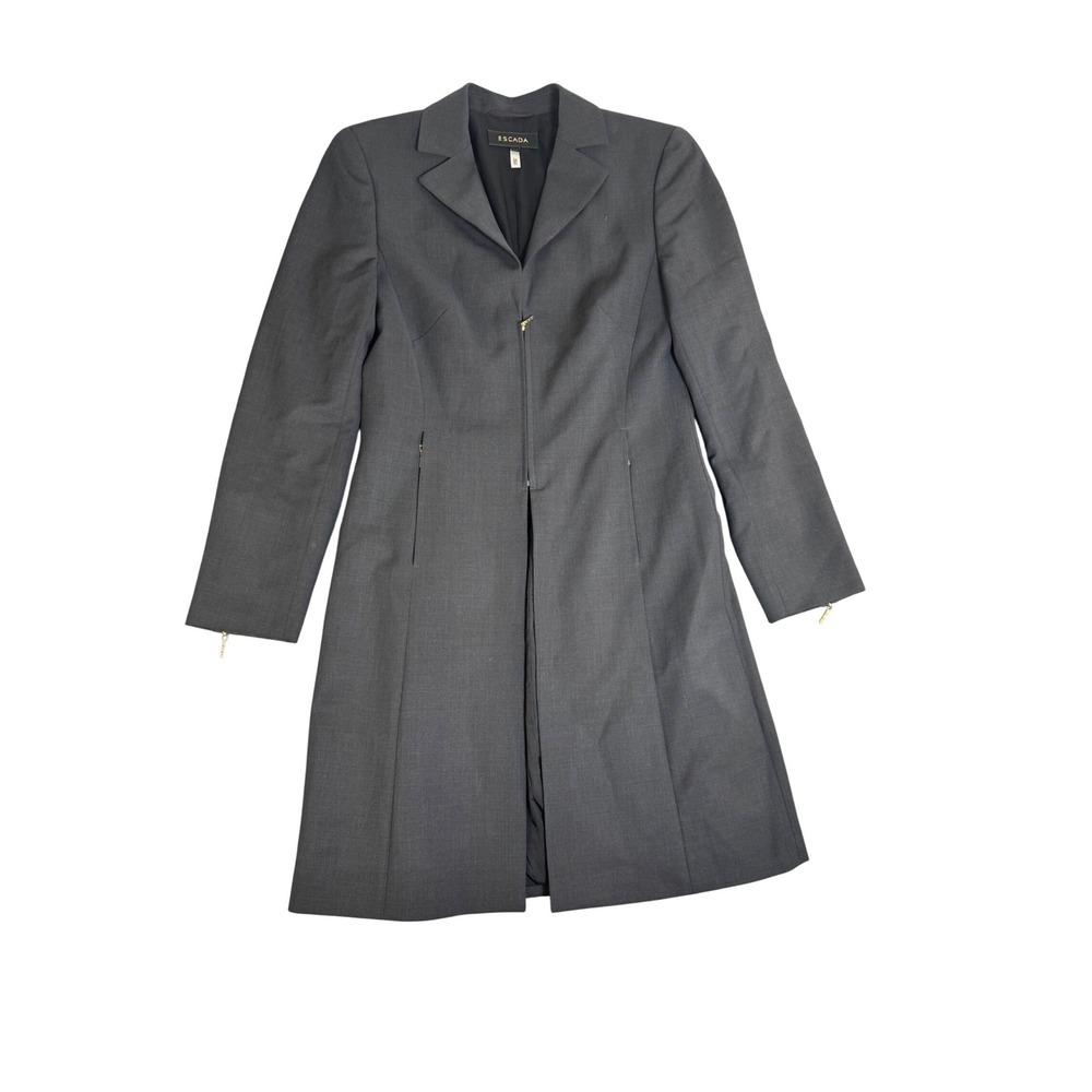 Escada Charcoal Grey 100% Virgin Wool Longline Blazer Coat Zip Front Size 36 - Picture 2 of 9